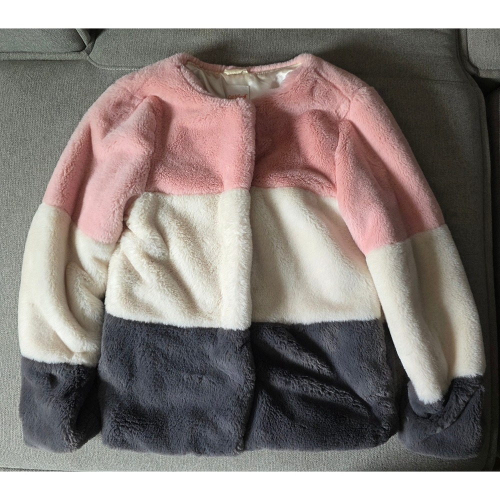 Cat & Jack Girls Faux Fur Jacket Pink Cream Gray Colorblock Snap Coat XL 14-16